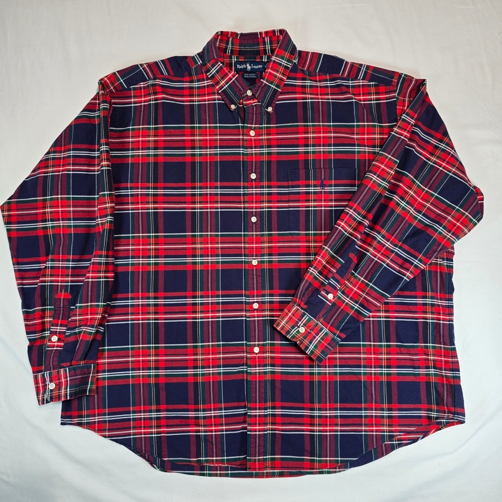 Ralph Lauren Shirt Mens XXL Red Navy Blue Plaid Cotton‎ Button Down Long Sleeve